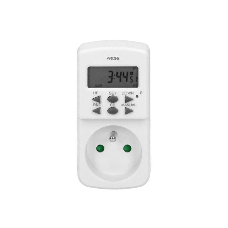 Zásuvka s elektronickým časovačem Mini 230V, 50Hz, max. 1800W, bílá, Virone, časovač, 10 programů, 2P+Z
