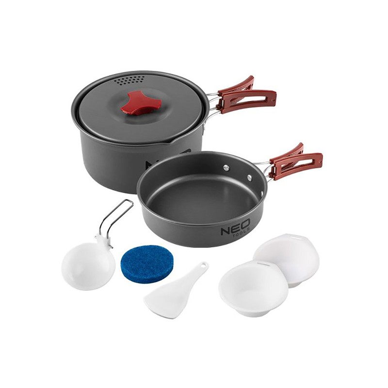 Sada nádobí 7v1 Turistická, šedá, hliník, hrnec, pánev, 2x talíř, naběračka, stěrka, houba, Neo Tools
