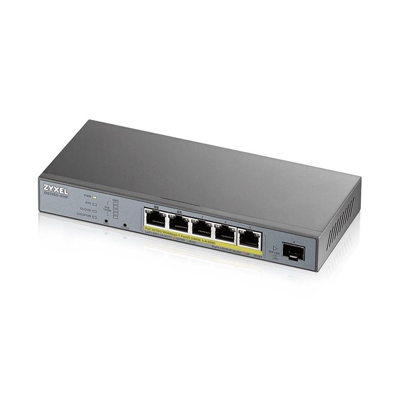 Zyxel GS1350-6HP 6 Port smart managed CCTV PoE switch, long range, 60W, 5x GbE, 1x SFP