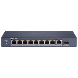 Hikvision full Gb switch 8x PoE (2x HI-PoE), 1x uplink RJ-45 + 1x uplink SFP, 110W, dosah až 300m
