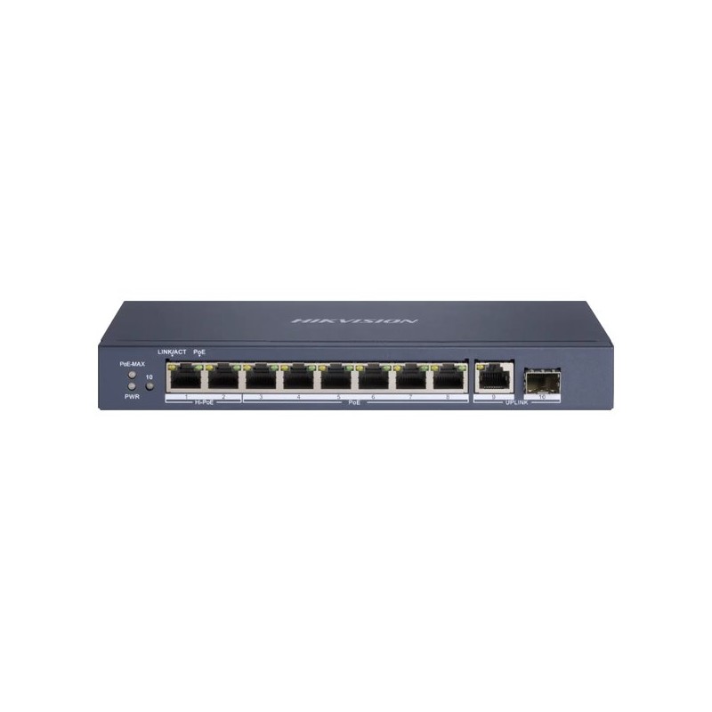 Hikvision full Gb switch 8x PoE (2x HI-PoE), 1x uplink RJ-45 + 1x uplink SFP, 110W, dosah až 300m