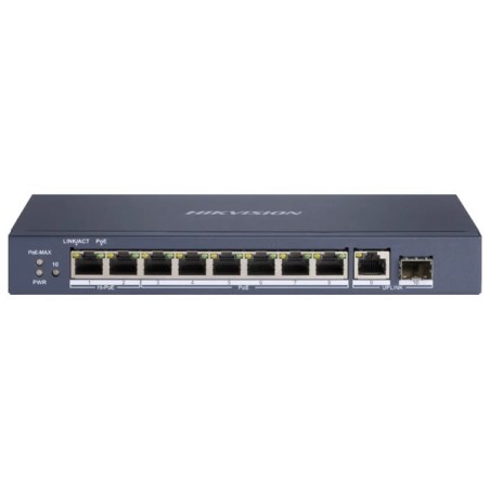 Hikvision full Gb switch 8x PoE (2x HI-PoE), 1x uplink RJ-45 + 1x uplink SFP, 110W, dosah až 300m