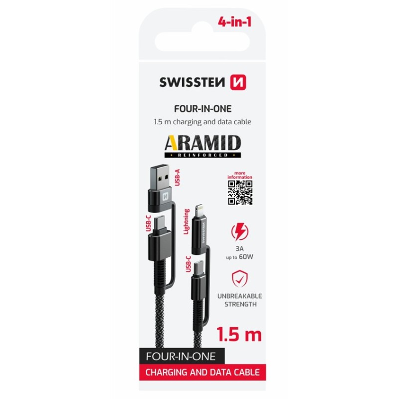 SWISSTEN DATOVÝ KABEL KEVLAR 4in1 3A 1,5 M ANTRACIT