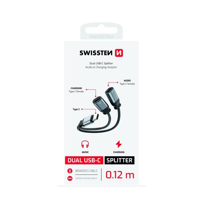 SWISSTEN NABÍJECÍ AUDIO ADAPTÉR TEXTILE USB-C (samec) / 2x USB-C (samice) 0,12 M ČERNÝ