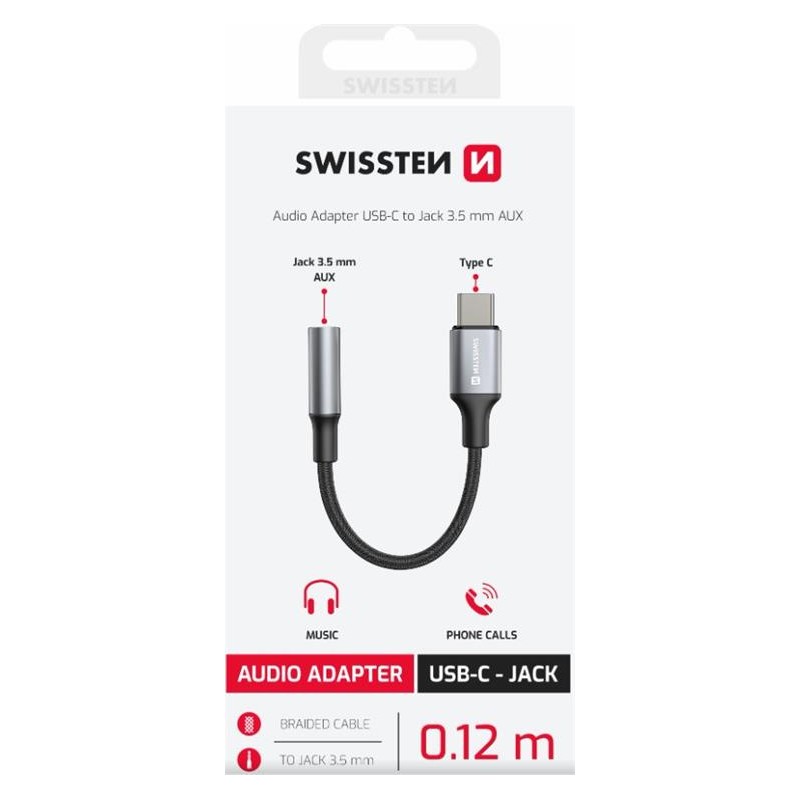 SWISSTEN AUDIO ADAPTÉR TEXTILE USB-C (samec) / 3,5mm AUX 0,15 M ČERNÝ (nahrazuje 73501301)
