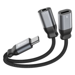 SWISSTEN NABÍJECÍ AUDIO ADAPTÉR TEXTILE USB-C (samec) / USB-C (samice) a 3,5mm AUX 0,12 M ČERNÝ