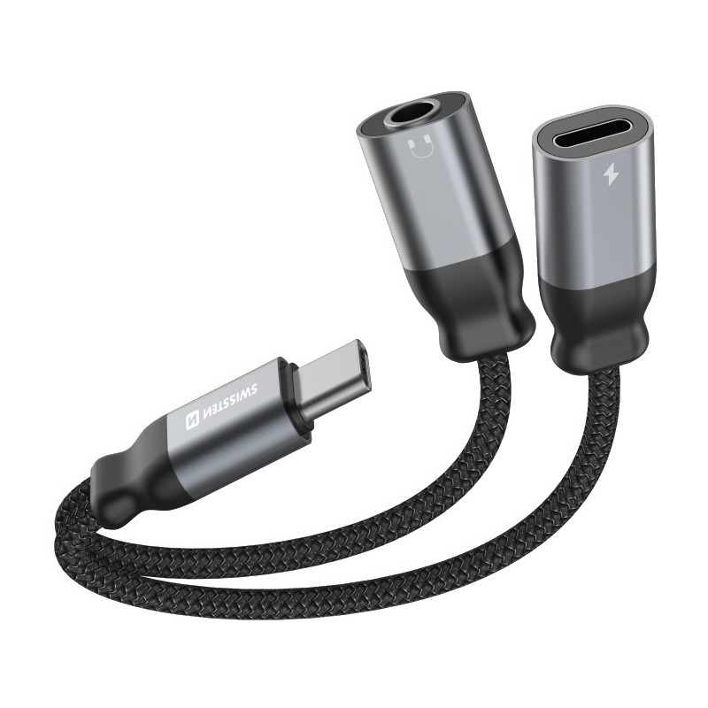 SWISSTEN NABÍJECÍ AUDIO ADAPTÉR TEXTILE USB-C (samec) / USB-C (samice) a 3,5mm AUX 0,12 M ČERNÝ