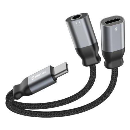 SWISSTEN NABÍJECÍ AUDIO ADAPTÉR TEXTILE USB-C (samec) / USB-C (samice) a 3,5mm AUX 0,12 M ČERNÝ
