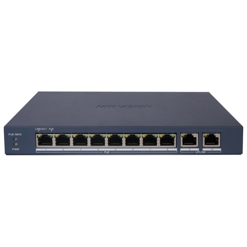 Hikvision DS-3E1510P-EI/M(B) - Smart managed switch 8x Gb PoE + 2x Gb Uplink RJ-45, 80W, Super PoE - dosah až 300m