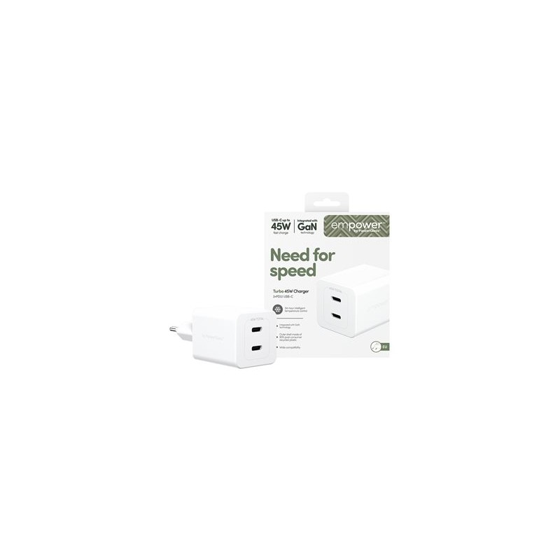 empower by PanzerGlass - Sítový adaptér - 45 Watt - napájení Power Delivery 3.1 - 2 výstupní konektory (USB-C) - stríbrne bílá