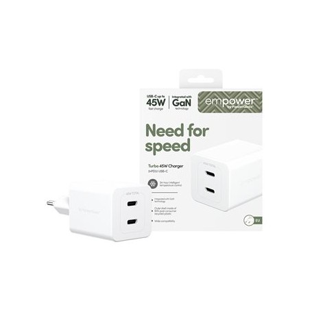 empower by PanzerGlass - Sítový adaptér - 45 Watt - napájení Power Delivery 3.1 - 2 výstupní konektory (USB-C) - stríbrne bílá