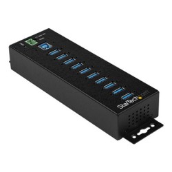 StarTech.com 10 Port USB Hub with Power Adapter, Surge Protection, Metal Industrial USB 3.0 Data Transfer Hub, Din Rail, Wall