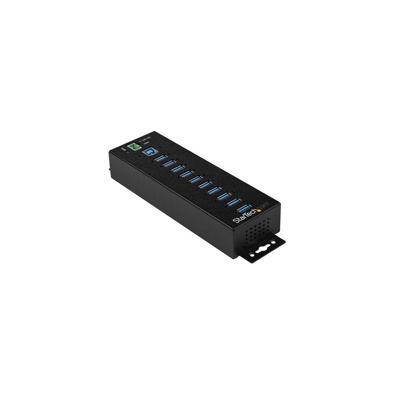 StarTech.com 10 Port USB Hub with Power Adapter, Surge Protection, Metal Industrial USB 3.0 Data Transfer Hub, Din Rail, Wall