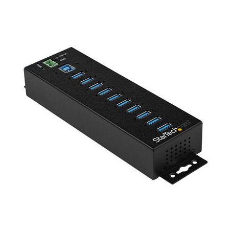 StarTech.com 10 Port USB Hub with Power Adapter, Surge Protection, Metal Industrial USB 3.0 Data Transfer Hub, Din Rail, Wall