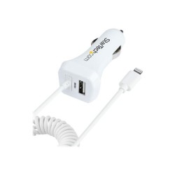 StarTech.com Lightning Car Charger with 1m Coiled Lightning Cable, 12W, White, 2 Port USB Car Charger Adapter for Phones and