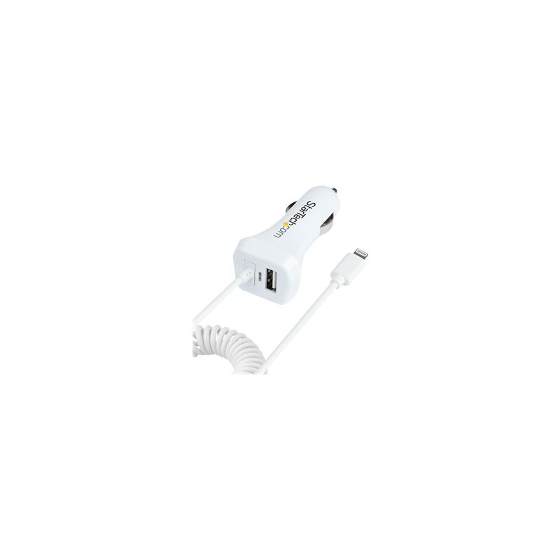 StarTech.com Lightning Car Charger with 1m Coiled Lightning Cable, 12W, White, 2 Port USB Car Charger Adapter for Phones and