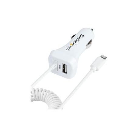 StarTech.com Lightning Car Charger with 1m Coiled Lightning Cable, 12W, White, 2 Port USB Car Charger Adapter for Phones and