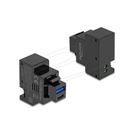 Delock - Zacvakávací modul (keystone) - PD 20 W - USB, USB typu C - 1 zásuvka USB, 1 zásuvka USB-C - 3 A - cerná