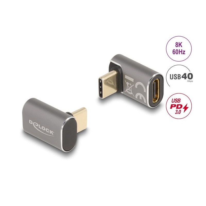 Delock - USB adaptér - 24 pin USB-C (M) úhlový do 24 pin USB-C (F) - USB 3.2 / Thunderbolt 3 / DisplayPort 1.4 - 20 V - 5 A