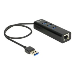 Delock USB 3.0 Hub 3 Port + 1 Port Gigabit LAN 10/100/1000 Mb/s - Rozbočovač - 3 x SuperSpeed USB 3.0 + 1 x 10/100/1000