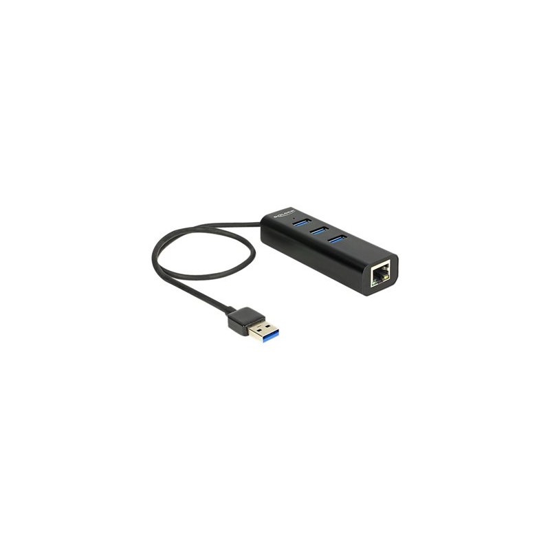 Delock USB 3.0 Hub 3 Port + 1 Port Gigabit LAN 10/100/1000 Mb/s - Rozbočovač - 3 x SuperSpeed USB 3.0 + 1 x 10/100/1000