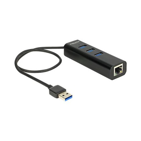 Delock USB 3.0 Hub 3 Port + 1 Port Gigabit LAN 10/100/1000 Mb/s - Rozbočovač - 3 x SuperSpeed USB 3.0 + 1 x 10/100/1000
