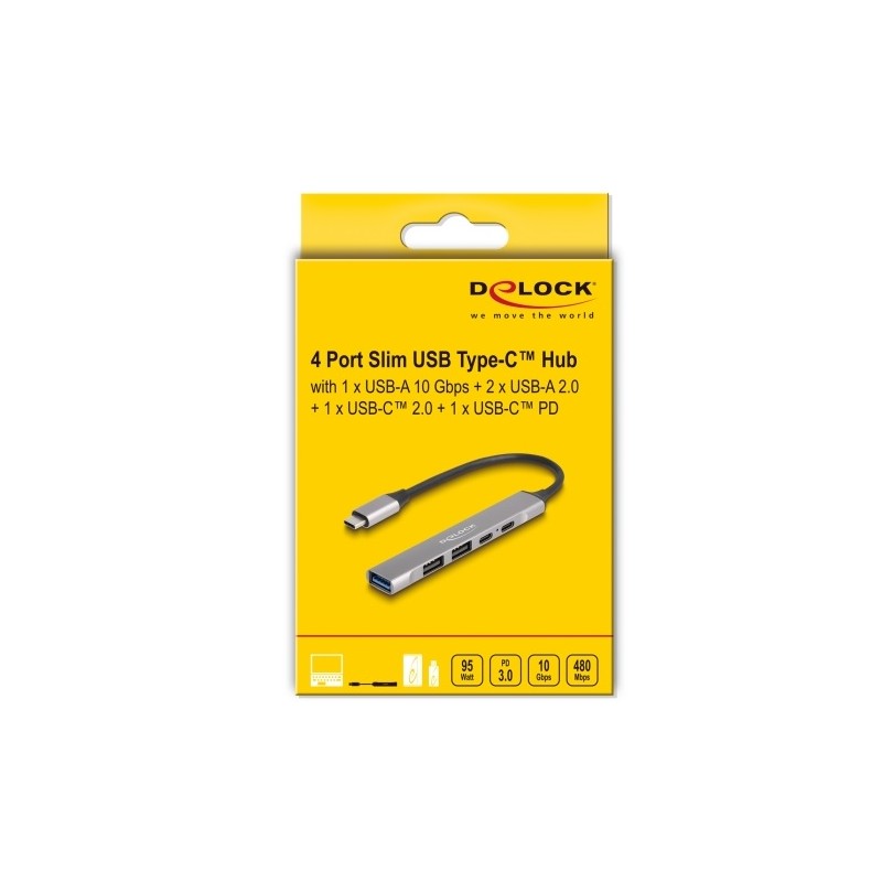 Delock - Rozbocovac - 1 x USB-C (Power Delivery) + 1 x USB-C + 1 x SuperSpeed USB + 2 x USB-A 2.0 - desktop