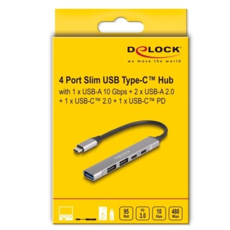 Delock - Rozbocovac - 1 x USB-C (Power Delivery) + 1 x USB-C + 1 x SuperSpeed USB + 2 x USB-A 2.0 - desktop