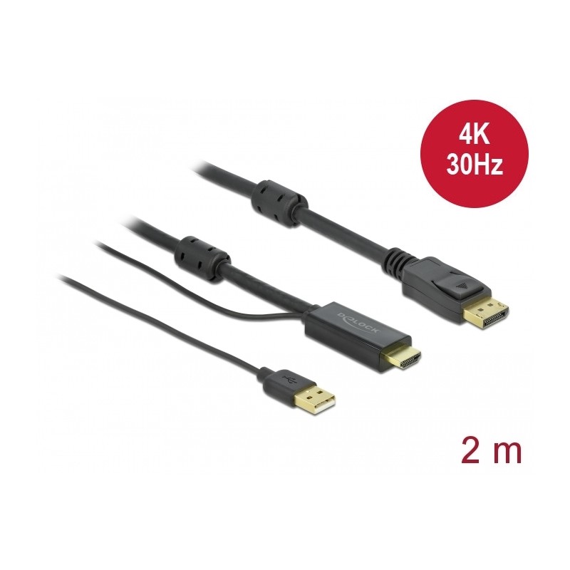 Delock - Kabel video/audio - HDMI, USB (pouze napájení) s piny (male) do DisplayPort s piny (male) - 2 m - trojnásobně stíněný