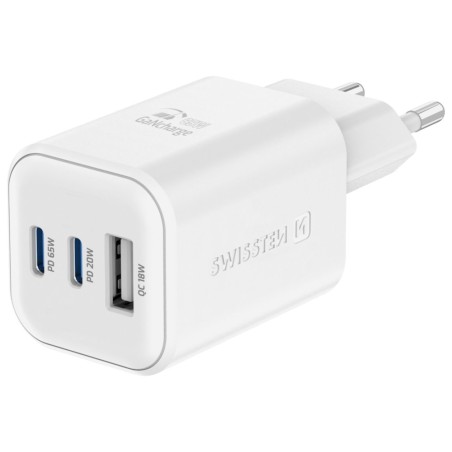 Swissten síťový adaptér gan 2x usb-c 65w pd + 1x usb-a 18w qc bílý