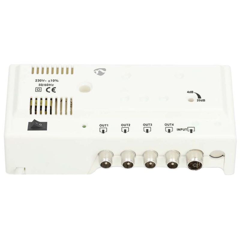NEDIS zesilovač CATV/ maximální zesílení 20 dB/ 47 - 694 MHz/ 4 výstupy/ konektor IEC/ bílý
