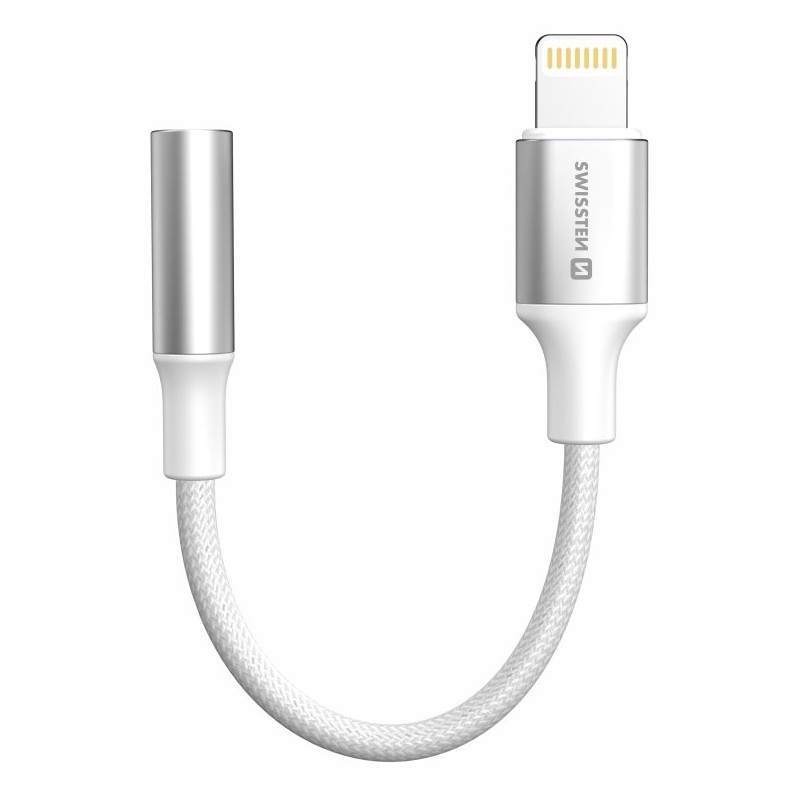 Swissten audio adaptér - textile lightning (samec) / 3,5mm aux 0,15 m bílý (nahrazuje 73501212)