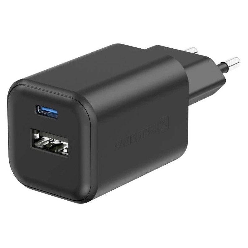 Swissten síťový adaptér gan 1x usb-c 45w pd + 1x usb-a 18w qc černý