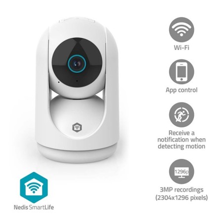 NEDIS IP kamera/ vnitřní/ Wi-Fi/ 3Mpix/ 1296p/ náklon/ Onvif/ detekce pohybu/ noční vidění 10m/ bílá