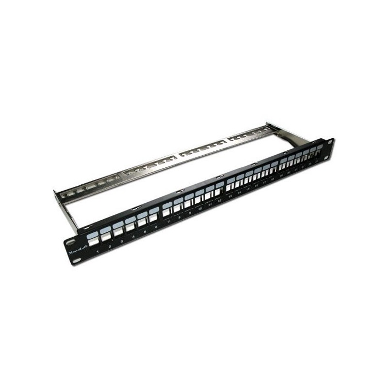 XtendLan Patch panel 19", 24 portů, neosazený, stíněný, černý, Cat5e/6/6A/7, odnimatelný vyvazovák