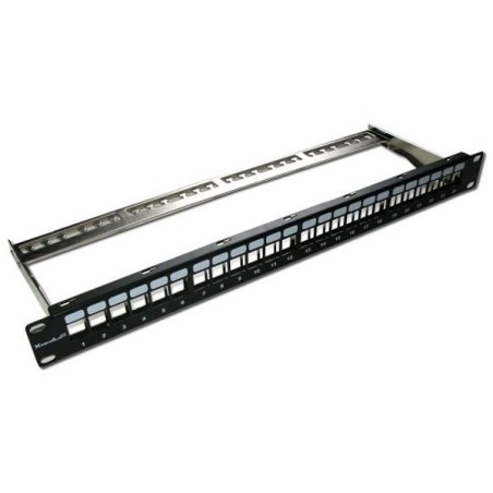 XtendLan Patch panel 19", 24 portů, neosazený, stíněný, černý, Cat5e/6/6A/7, odnimatelný vyvazovák