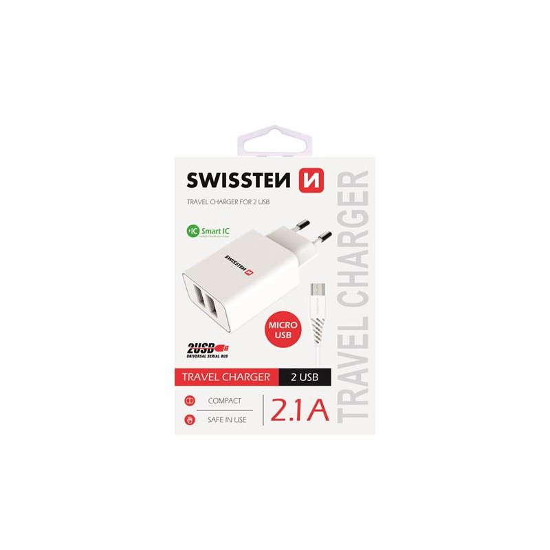 Swissten Síťový Adaptér Smart Ic 2X Usb 2,1A Power + Datový Kabel Usb / Micro Usb 1,2 M Bílý