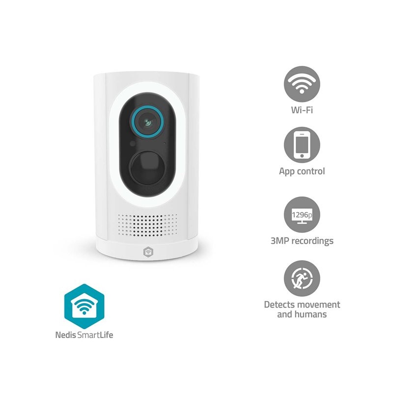 NEDIS IP kamera/ venkovní/ IP65/ Wi-Fi/ 3Mpix/ 1296p/ dobíjecí/ reflektor/ detekce pohybu/ noční vidění 10m/ černá
