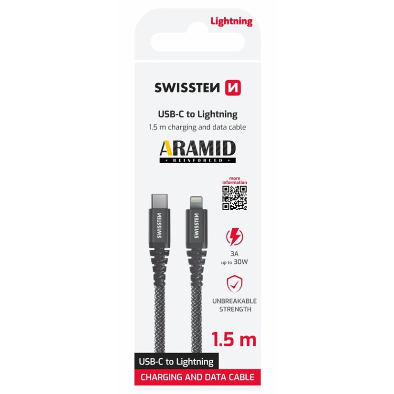 Swissten datový kabel kevlar usb-c / lightning 1,5 m antracit