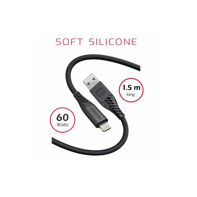 Swissten datový kabel soft silicone usb / lightning 1,5 m 60w černý