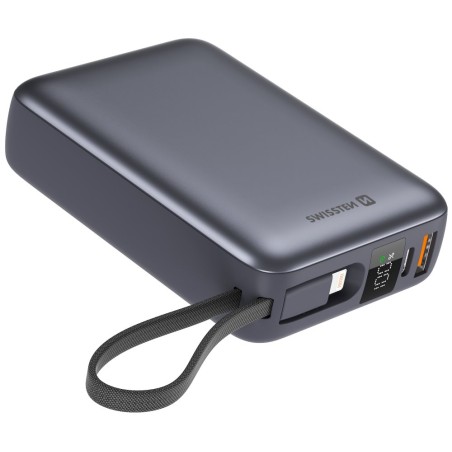 Swissten Power bank 20000 mAh s integrovanými kabely - USB-C, A, Lightning / šedá