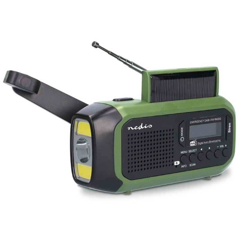 NEDIS přenosné nouzové rádio/ napájení z baterie 2500 mAh/ z USB/ solární panel/ DAB+ / FM/ budík/ světlo/ černo-zelené