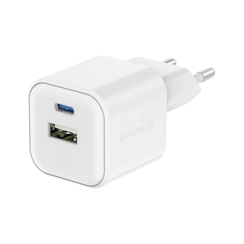 Swissten síťový adaptér gan 1x usb-c 35w pd + 1x usb-a 27w qc bílý