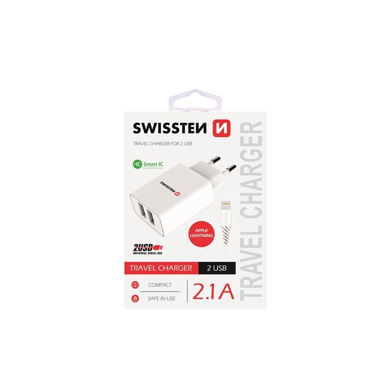 Swissten Síťový Adaptér Smart Ic 2X Usb 2,1A Power + Datový Kabel Usb / Lightning 1,2 M Bílý