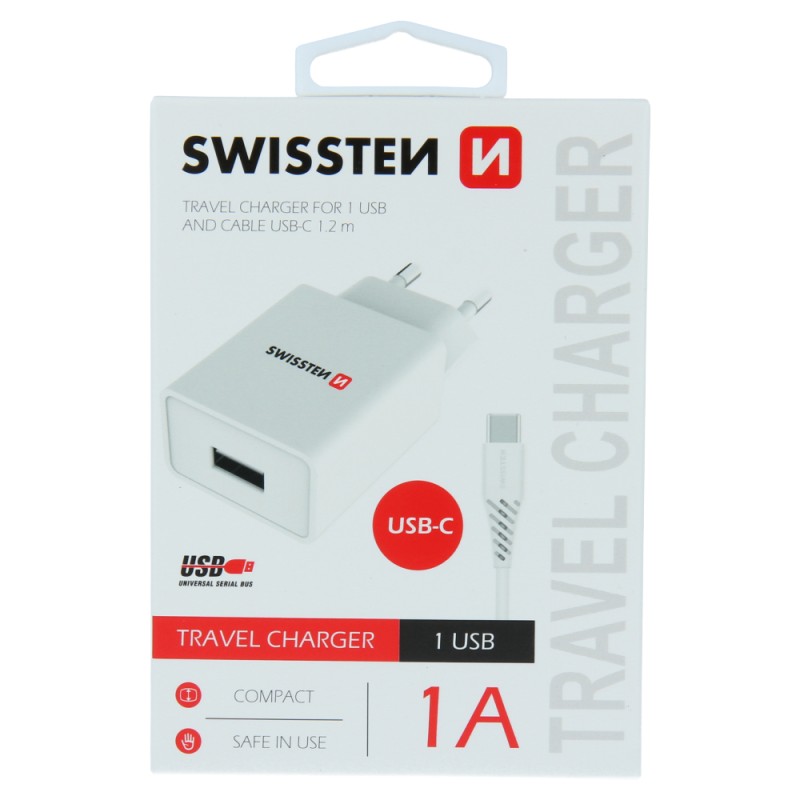 Swissten Síťový Adaptér Smart Ic 1X Usb 1A Power + Datový Kabel Usb / Type C 1,2 M Bílý