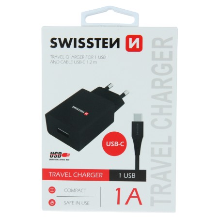 Swissten Síťový Adaptér Smart Ic 1X Usb 1A Power + Datový Kabel Usb / Type C 1,2 M Černý