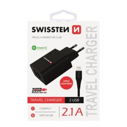 Swissten Síťový Adaptér Smart Ic 2X Usb 2,1A Power + Datový Kabel Usb / Lightning 1,2 M Černý