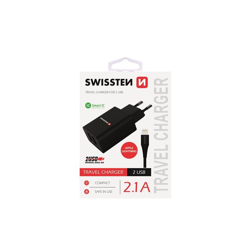 Swissten Síťový Adaptér Smart Ic 2X Usb 2,1A Power + Datový Kabel Usb / Lightning 1,2 M Černý