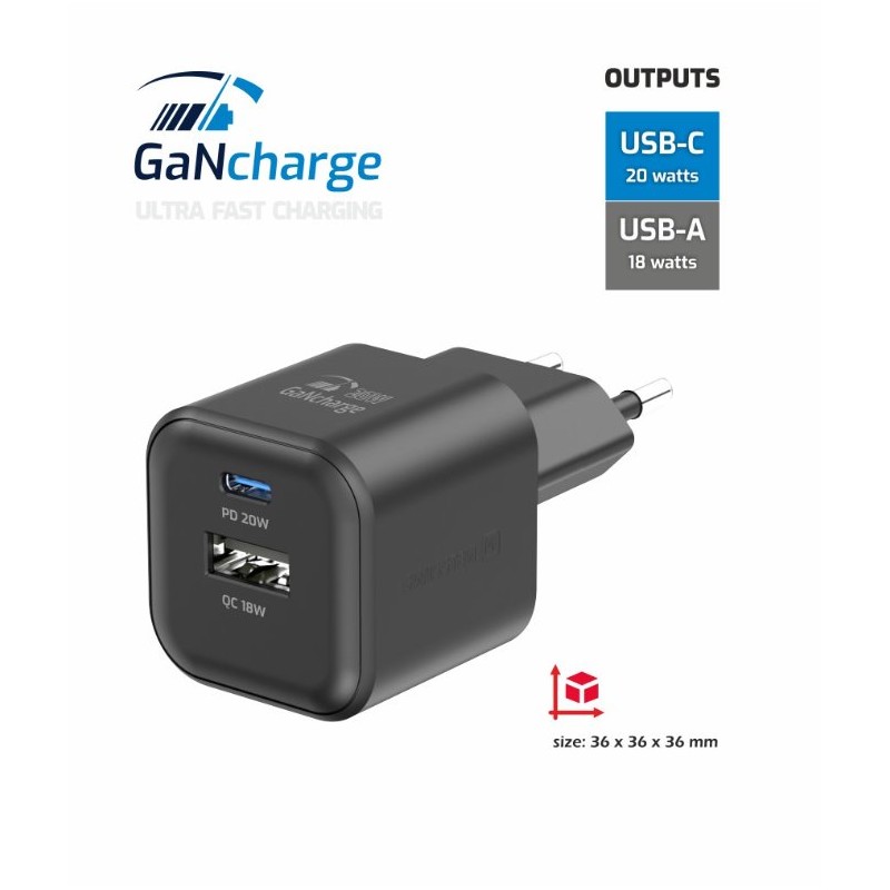 Swissten síťový adaptér gan 1x usb-c 20w pd + 1x usb-a 18w qc černý