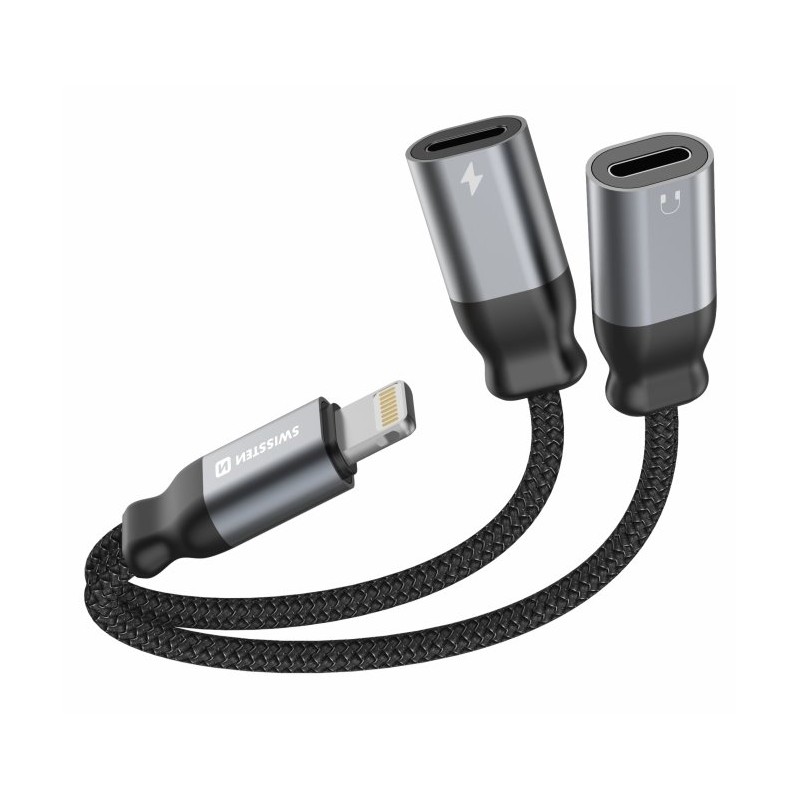 Swissten nabíjecí audio adaptértextile lightning (samec) / 2x lightning (samice) 0,12 m černý
